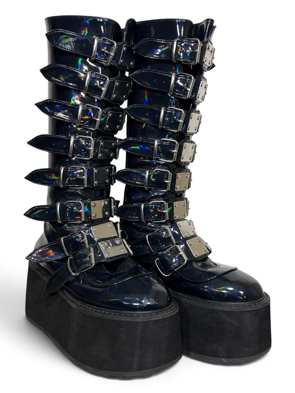 Demonia Damned 318 Black Holographic Patent Knee-High Platform Boots- woman’s 10